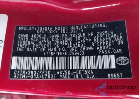2014 Toyota Camry Se Sport from USA, damaged, VIN 4T1BF1FK4EU789433